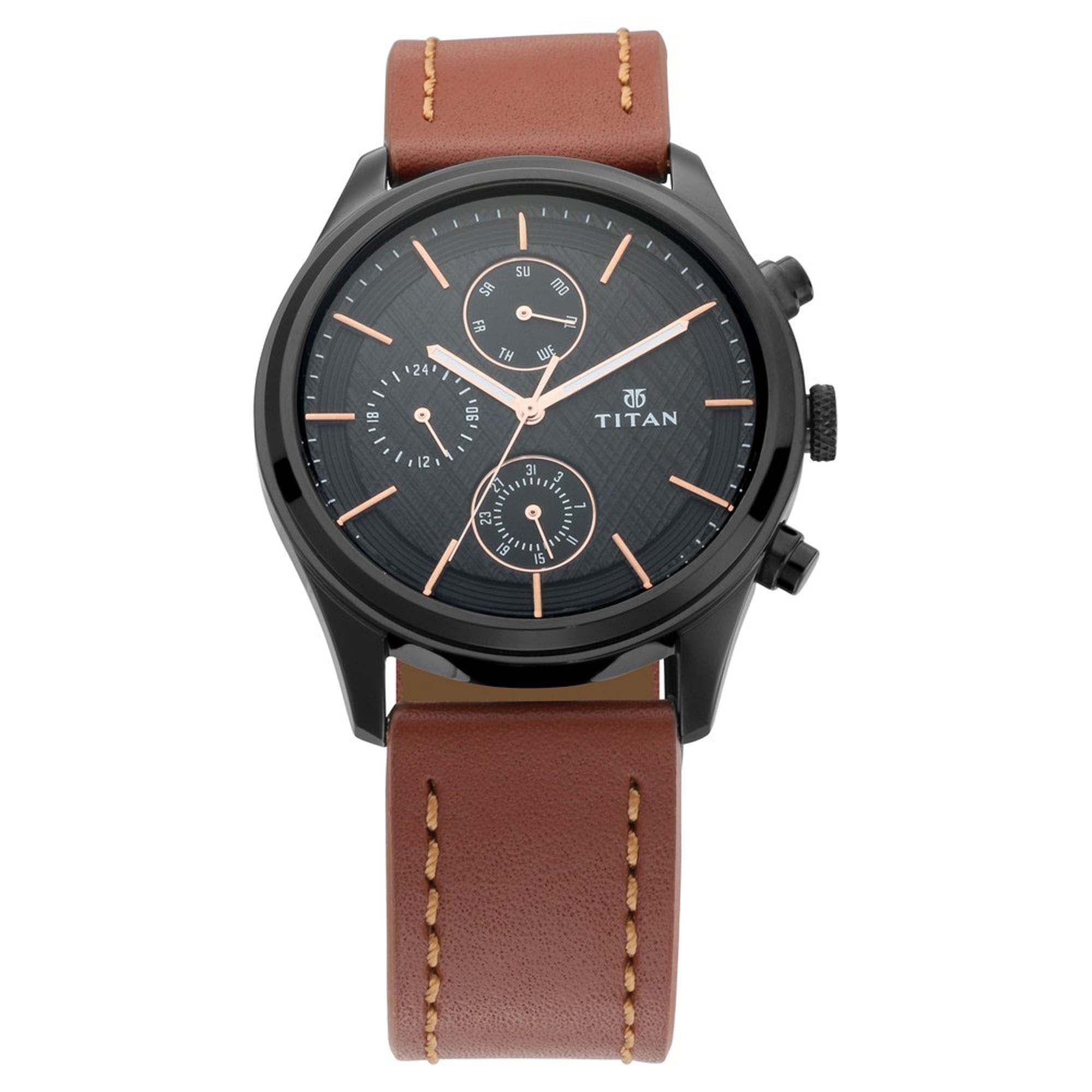 Titan Workwear Watch with Black Dial & Brown Leather Strap 1805NL01